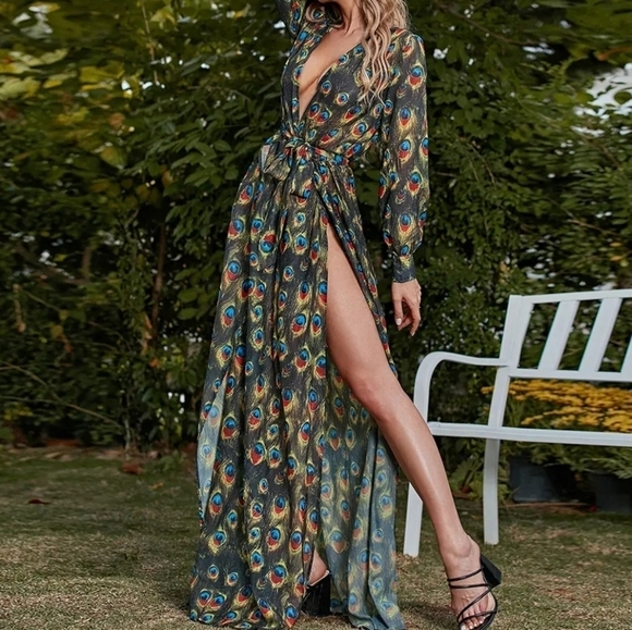 Peacock Print,  Long Sleeved,  Deep V Neck,  Slit Thigh, Mermaid Gown - Picture 7 of 10